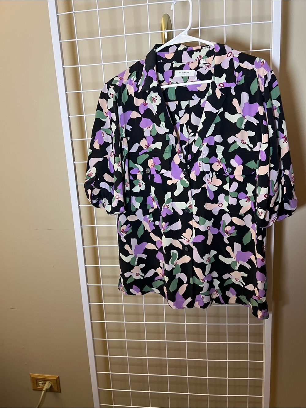 Equipment Black Floral Button-Up Shirt with Lavender and Green Accents